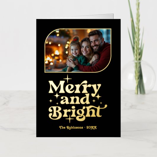 Black and Gold Merry and Bright Photo Christmas 箔シーズンカード (正面)