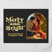 Black and Gold Merry and Bright Retro Christmas 箔シーズンポストカード (正面)