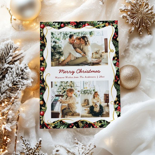 Black and Gold Modern Botanical Christmas 3 Photo シーズンカード