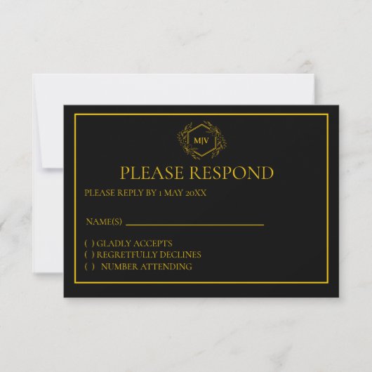 Black and Gold Monogram Crest RSVP card (正面)