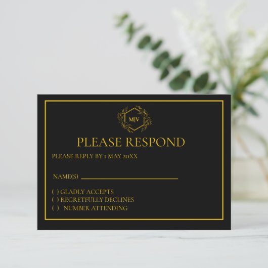 Black and Gold Monogram Crest RSVP card (スタンド正面)