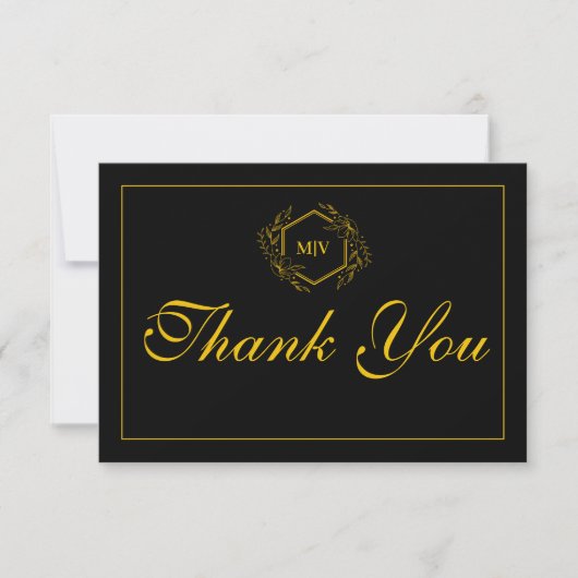 Black and Gold Monogram Crest Thank You Card サンキューカード (正面)