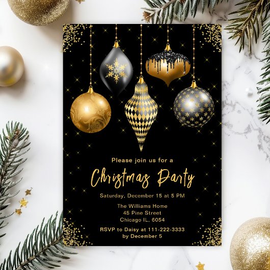 Black and Gold Ornaments Christmas Party 招待状