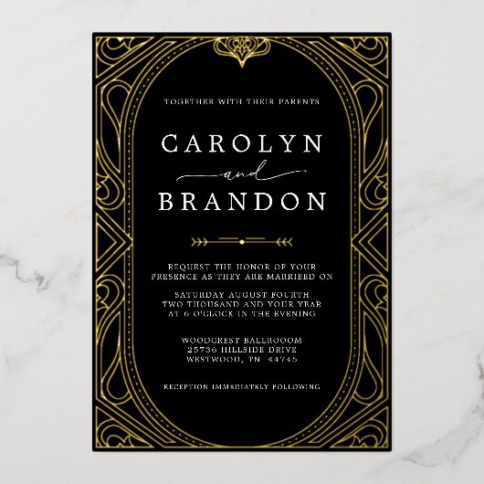 Black and Gold Ornate Elegant Wedding 箔招待状 (正面)