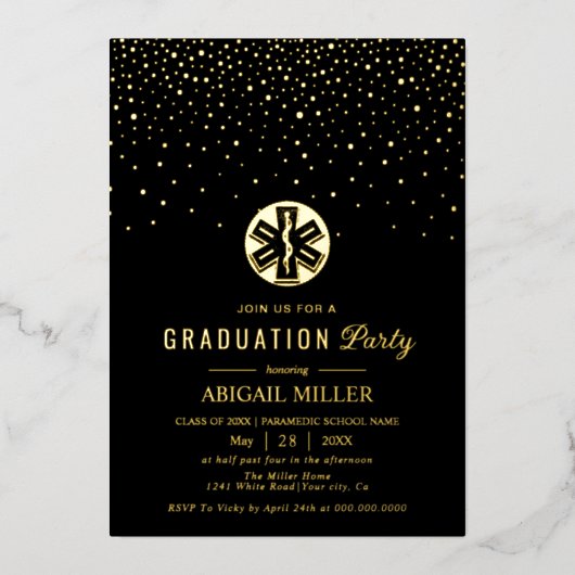 Black and gold paramedic Class Of 2026 graduation 箔招待状 (正面)