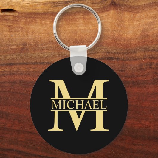 Black and Gold Personalized Monogram and Name キーホルダー (正面)