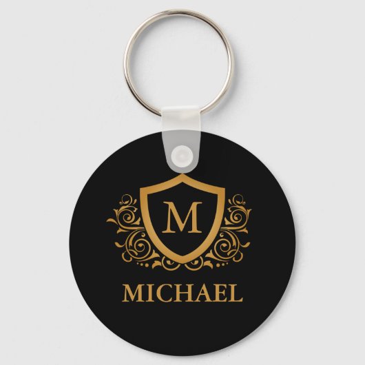 Black and Gold Personalized Stylish Monogram Name キーホルダー (正面)