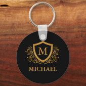 Black and Gold Personalized Stylish Monogram Name キーホルダー (正面)