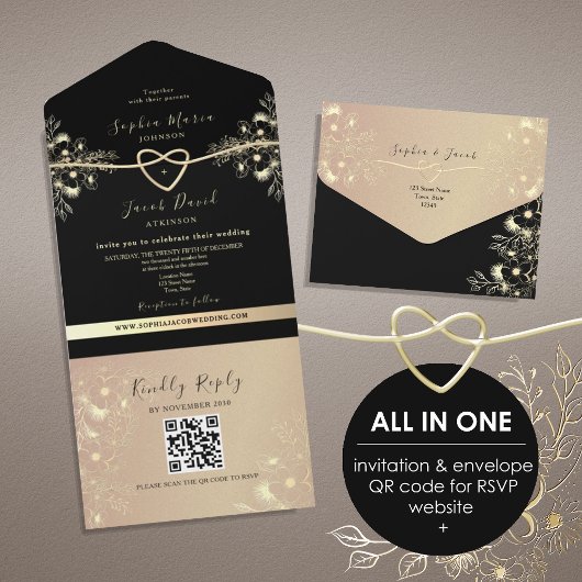 Black and Gold QR Code Wedding オールインワン招待状