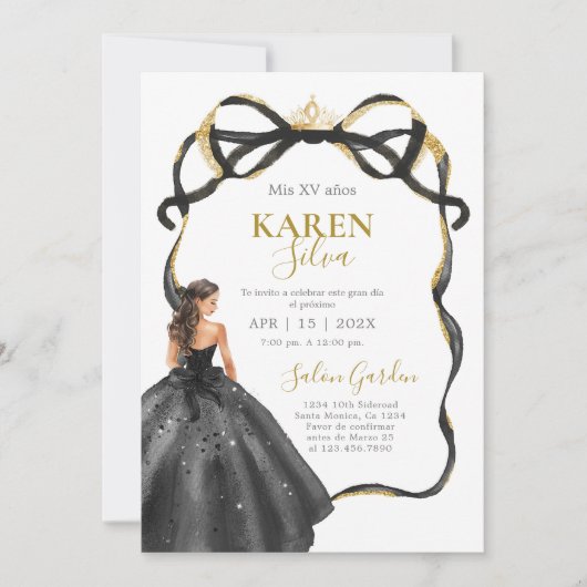 Black and Gold Quinceanera Invitation 招待状 (正面)