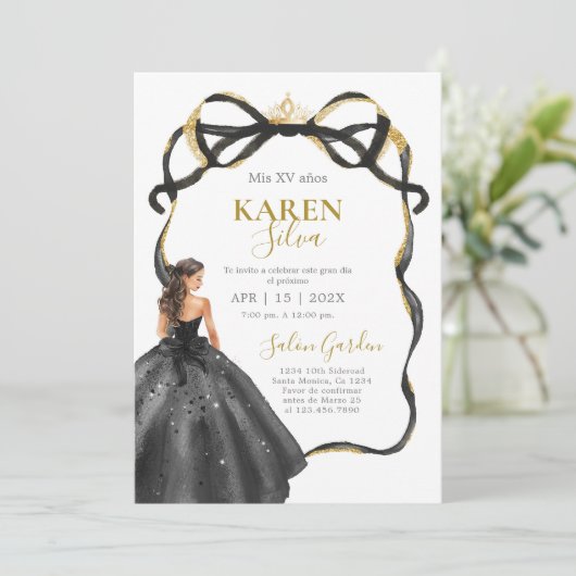 Black and Gold Quinceanera Invitation 招待状 (スタンド正面)