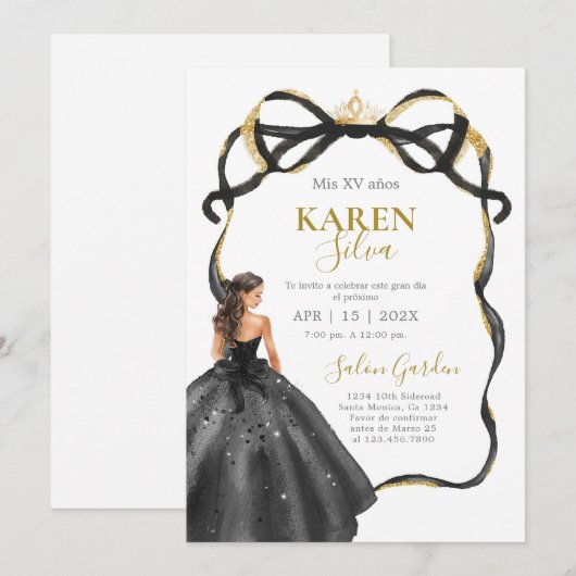 Black and Gold Quinceanera Invitation 招待状 (正面/裏面)
