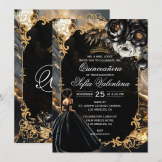 Black and Gold Quinceañera Invitation 招待状