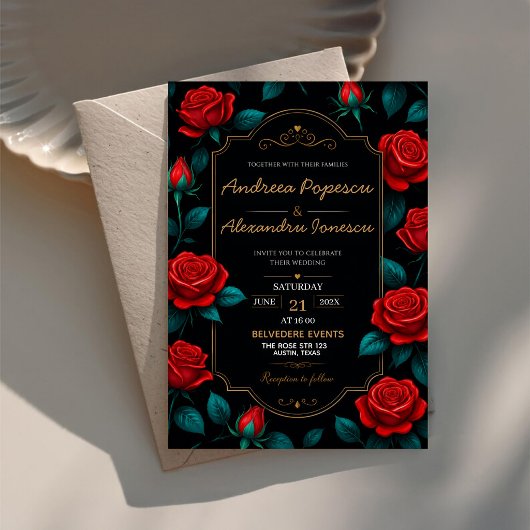 Black and Gold Rose Luxury Gothic Elegant Red Rose アクリル招待状