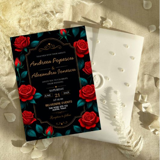 Black and Gold Rose Luxury Gothic Elegant Red Rose 招待状
