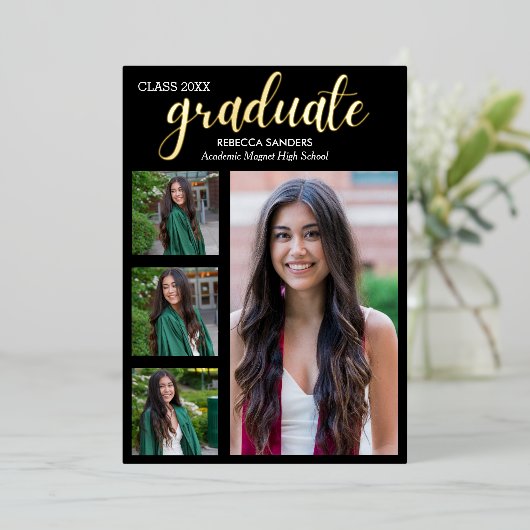 Black and Gold Script 4 photos Graduated for Her 箔招待状 (立ち正面)