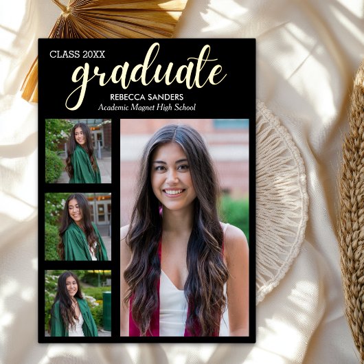 Black and Gold Script 4 photos Graduated for Her 箔招待状