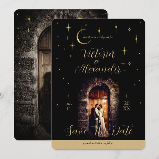 Black and Gold Script Modern Moody Whimsigoth  セーブザデート (正面/裏面)