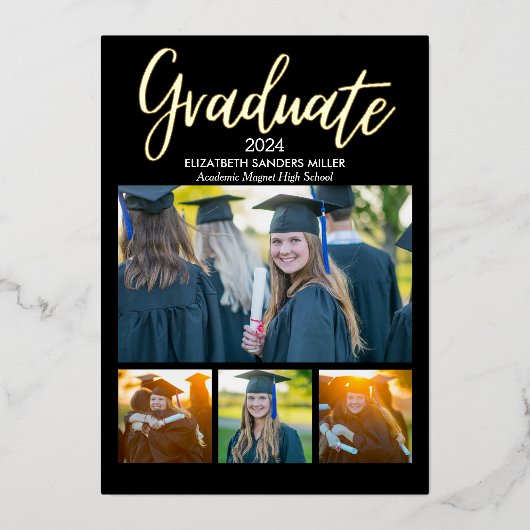 Black and Gold Script photos collage for graduated 箔招待状 (正面)