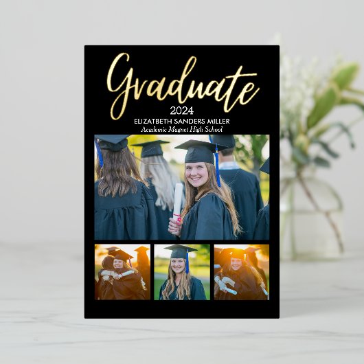 Black and Gold Script photos collage for graduated 箔招待状 (立ち正面)
