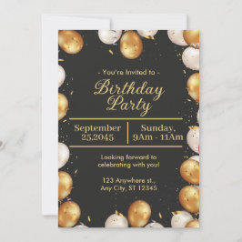 Black and Gold Simple Birthday Party card 招待状