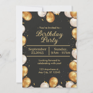Black and Gold Simple Birthday Party card 招待状