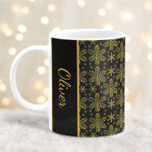Black and Gold Snowflakes Christmas Mug with Name