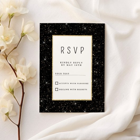 Black and gold sparkly glitter confetti RSVP 招待状