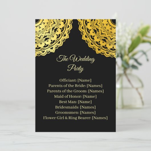 Black and Gold Wedding Ceremony Program Card 招待状 (スタンド正面)