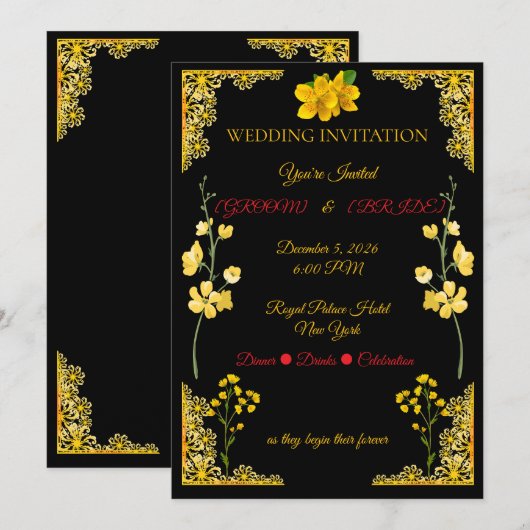 Black and Gold Wedding Invitation 招待状 (正面/裏面)