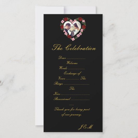 Black and Gold Wedding Program - Floral Rose Heart (正面)