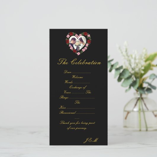 Black and Gold Wedding Program - Floral Rose Heart (スタンド正面)