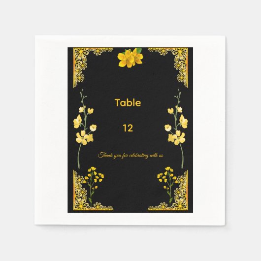 Black and Gold Wedding Table Number スタンダードカクテルナプキン (正面)