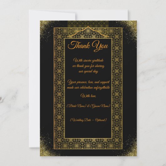 Black and Gold Wedding Thank You Card | Elegant サンキューカード (正面)