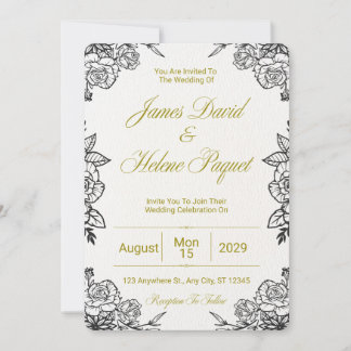 Black and Golden Floral Wedding Invitation Card  招待状