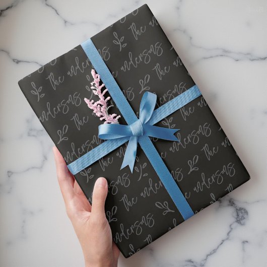 Black and Gray Foliage Your Family Name Christmas ラッピングペーパー