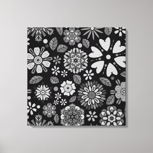 Black And Gray Retro Floral Art Seamless Pattern キャンバスプリント (正面)