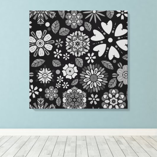 Black And Gray Retro Floral Art Seamless Pattern キャンバスプリント (インサイチュ (ウッドフロア))