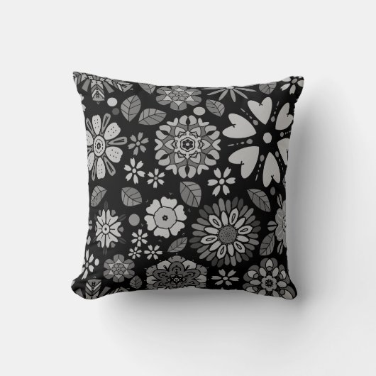 Black And Gray Retro Floral Art Seamless Pattern クッション (正面)