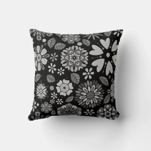 Black And Gray Retro Floral Art Seamless Pattern クッション (裏面)