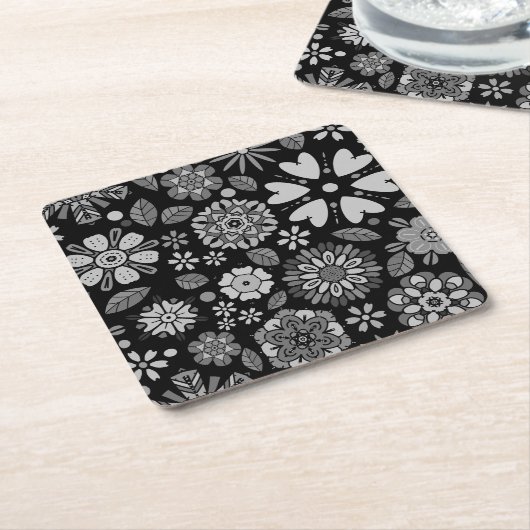 Black And Gray Retro Floral Art Seamless Pattern スクエアペーパーコースター (アングル)