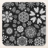 Black And Gray Retro Floral Art Seamless Pattern スクエアペーパーコースター (正面)