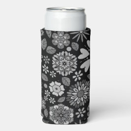 Black And Gray Retro Floral Art Seamless Pattern スリム缶クーラー