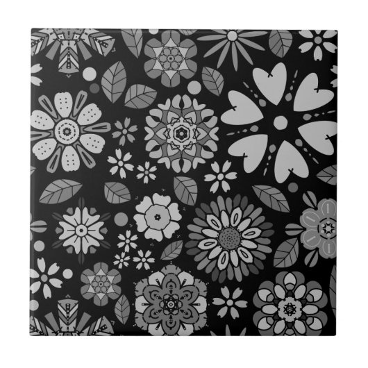Black And Gray Retro Floral Art Seamless Pattern タイル (正面)