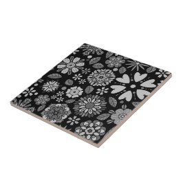 Black And Gray Retro Floral Art Seamless Pattern タイル