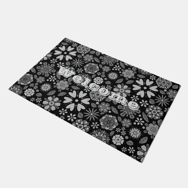 Black And Gray Retro Floral Art Seamless Pattern ドアマット (アングル)