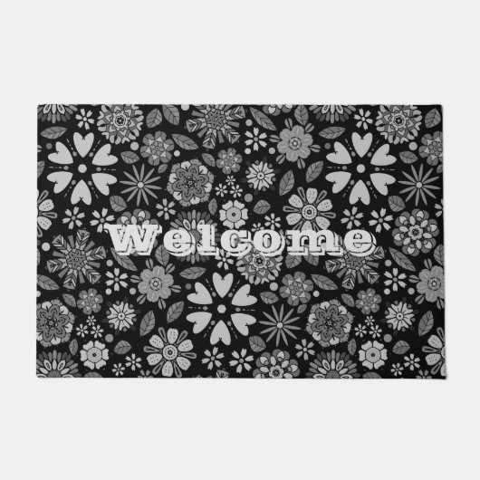 Black And Gray Retro Floral Art Seamless Pattern ドアマット (正面)