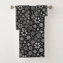 Black And Gray Retro Floral Art Seamless Pattern バスタオルセット