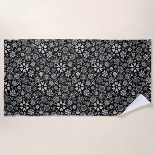 Black And Gray Retro Floral Art Seamless Pattern ビーチタオル (正面)