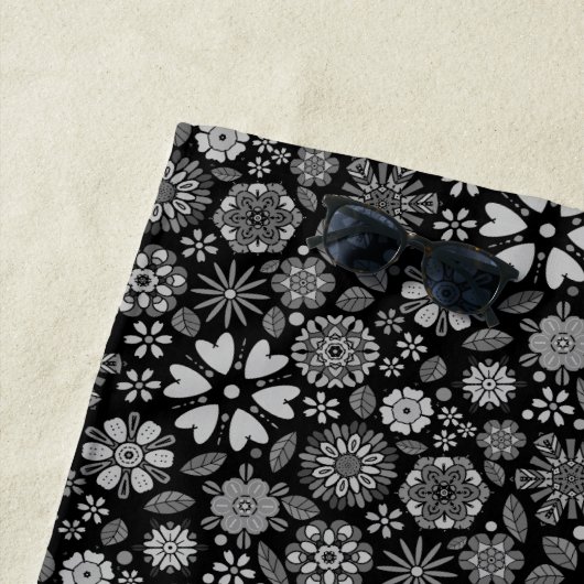 Black And Gray Retro Floral Art Seamless Pattern ビーチタオル (インサイチュ)